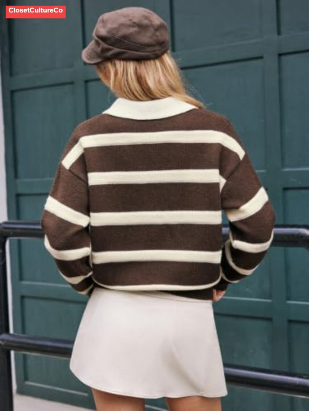 Striped Polo Sweater Half Button Knit Pullover Loose Fit Fall Shirt - Picture 2 of 6